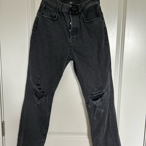 7 For All Mankind Denim - 7 For All Mankind Black Easy Straight Leg Distressed 5 button Jeans